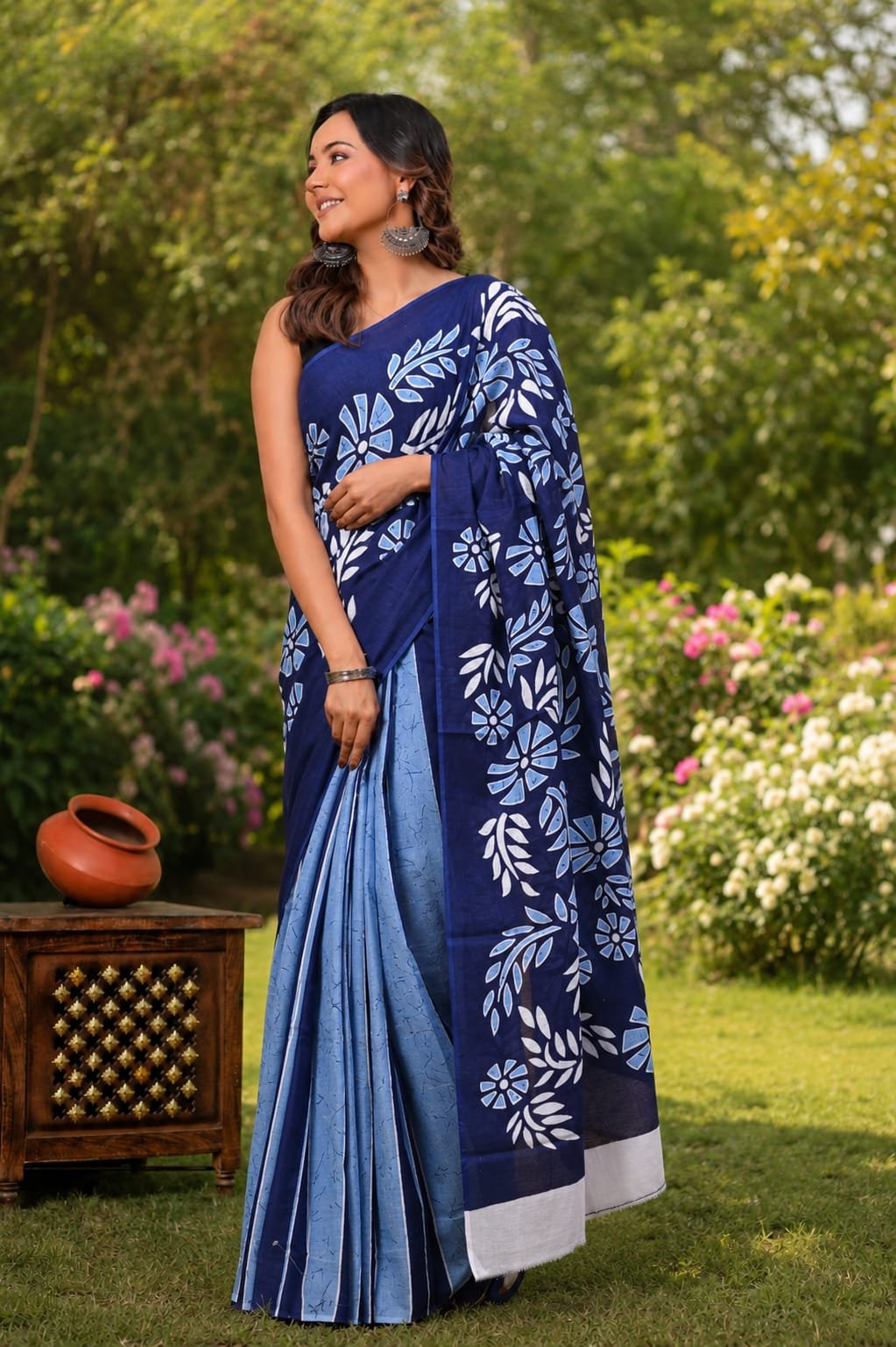 Dark Navy Blue Bagru Mulmul Cotton